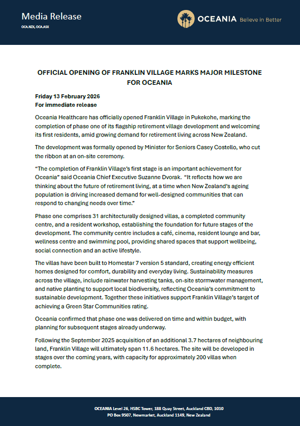 Oceania Healthcare Franklin Village Opening - media release