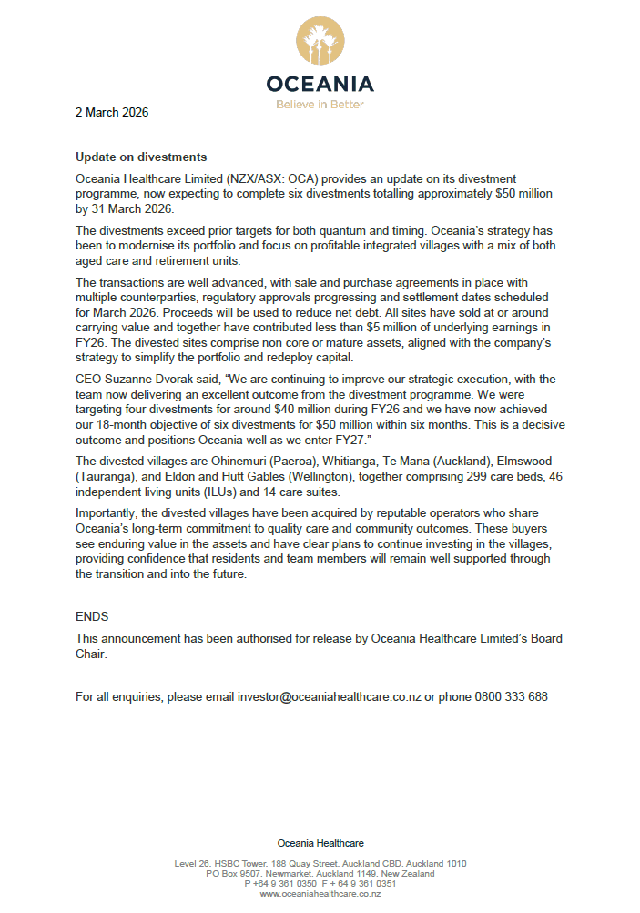 Update on Divestments