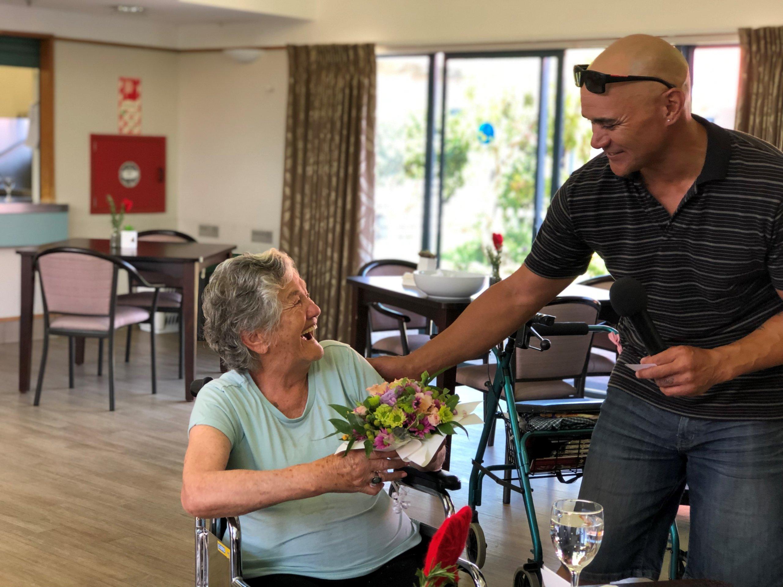 Wharerangi aged care centre happy resident and entertainer